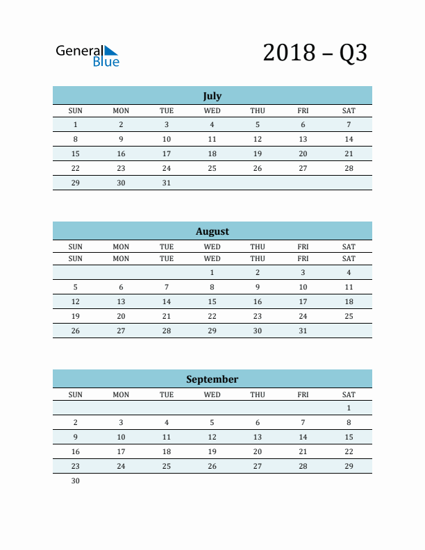 July, August, and September 2018 Calendar