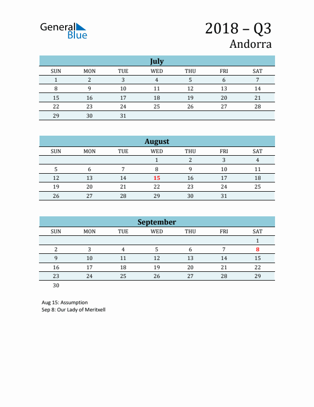Three-Month Planner for Q3 2018 with Holidays - Andorra