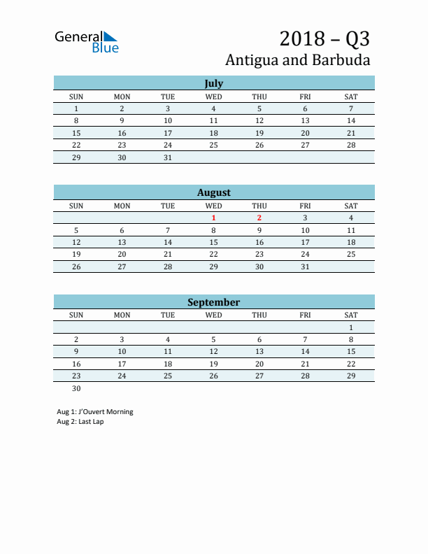 Three-Month Planner for Q3 2018 with Holidays - Antigua and Barbuda