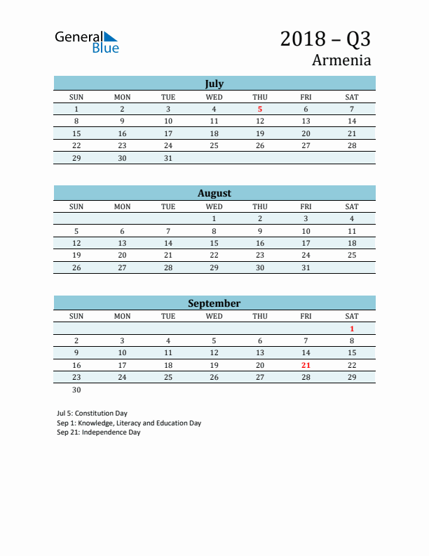 Three-Month Planner for Q3 2018 with Holidays - Armenia