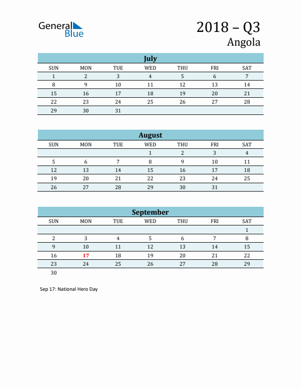 Three-Month Planner for Q3 2018 with Holidays - Angola