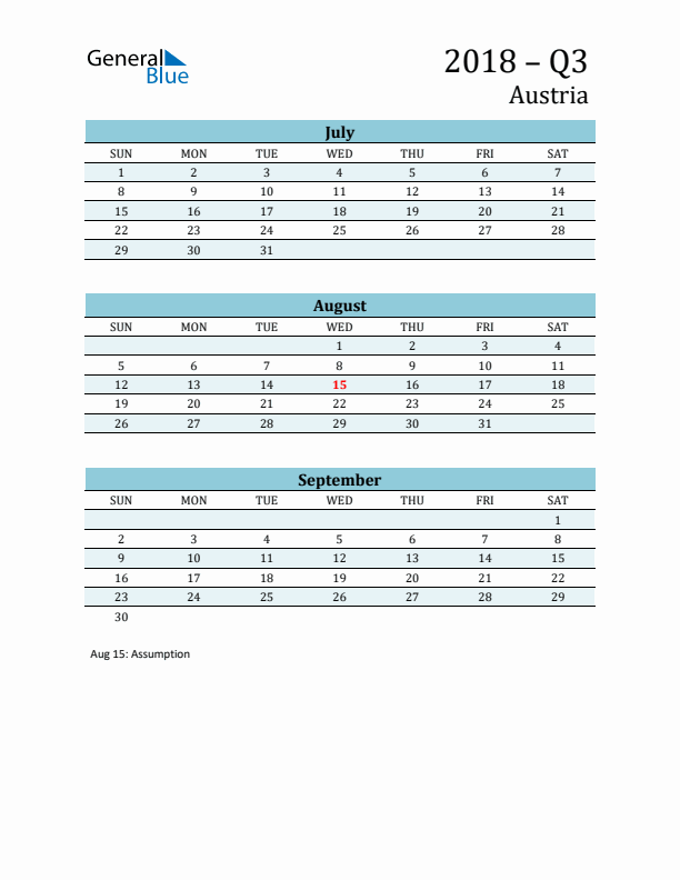 Three-Month Planner for Q3 2018 with Holidays - Austria