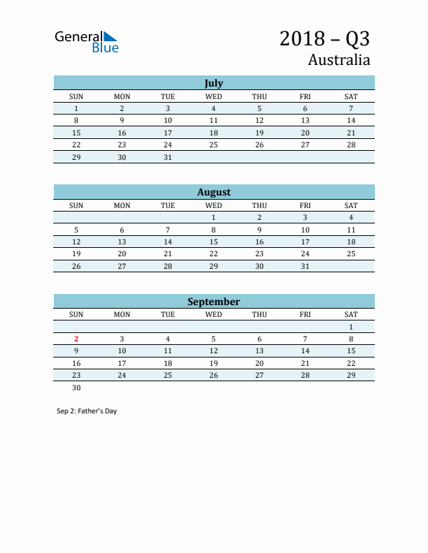 Three-Month Planner for Q3 2018 with Holidays - Australia