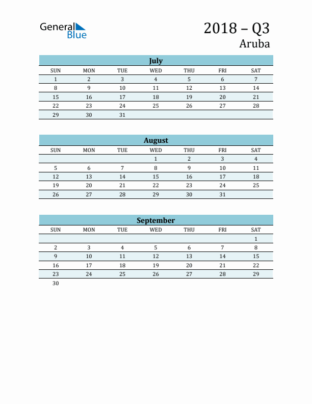 Three-Month Planner for Q3 2018 with Holidays - Aruba