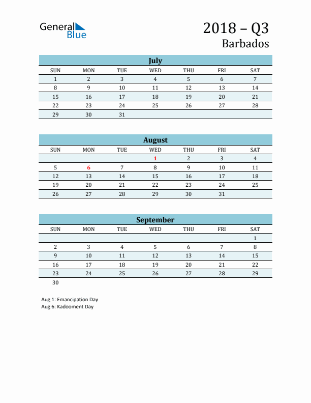 Three-Month Planner for Q3 2018 with Holidays - Barbados