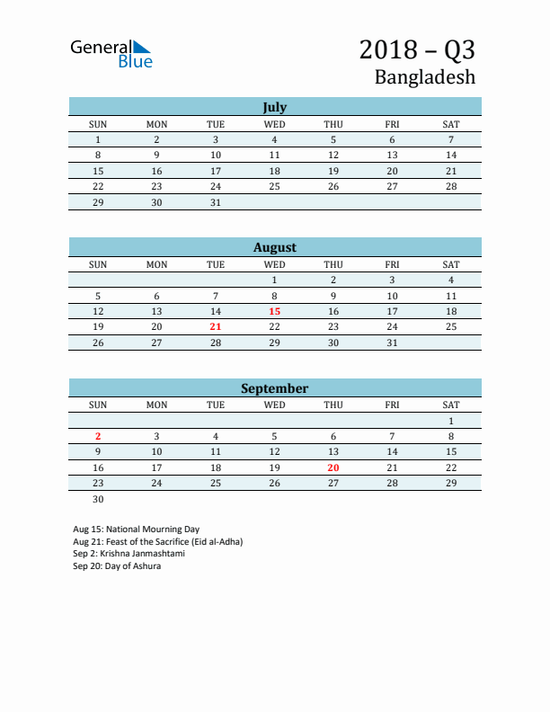 Three-Month Planner for Q3 2018 with Holidays - Bangladesh
