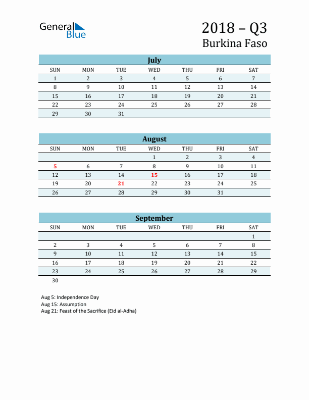 Three-Month Planner for Q3 2018 with Holidays - Burkina Faso