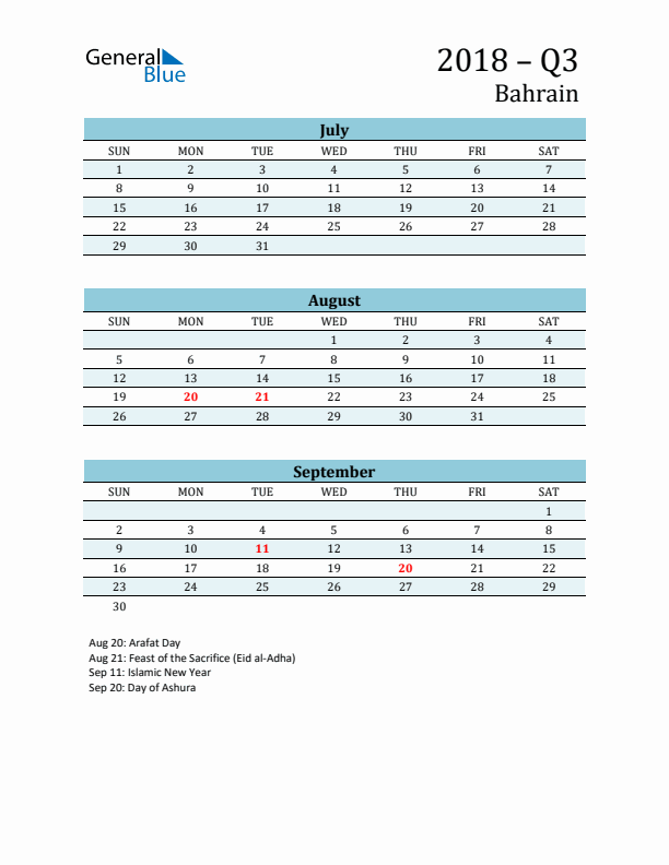 Three-Month Planner for Q3 2018 with Holidays - Bahrain