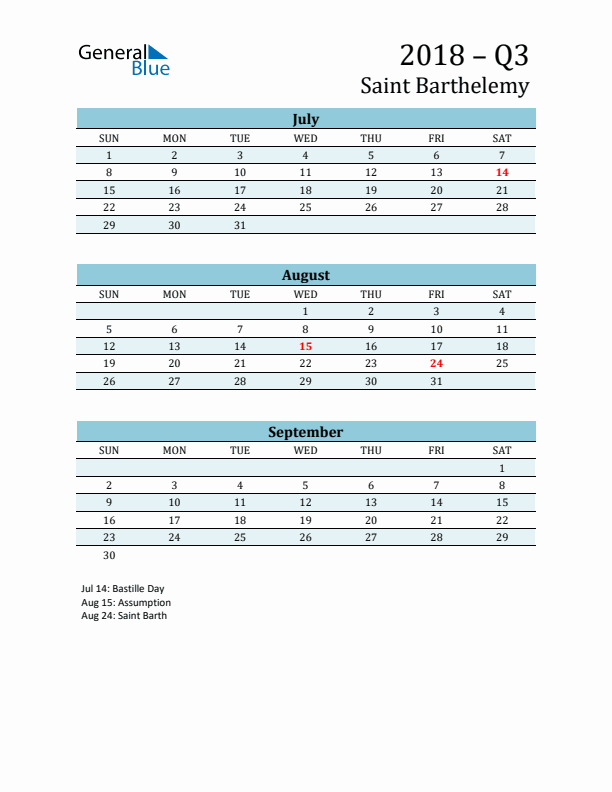 Three-Month Planner for Q3 2018 with Holidays - Saint Barthelemy