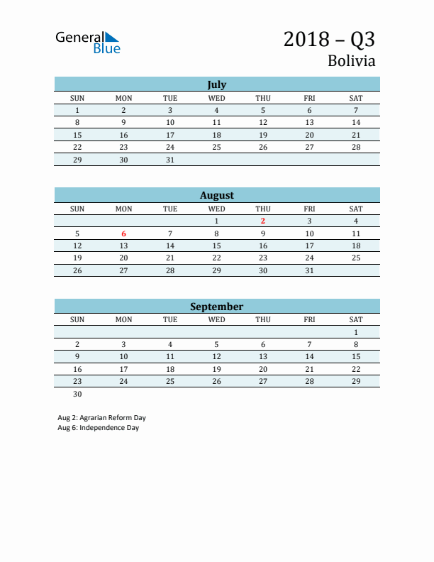 Three-Month Planner for Q3 2018 with Holidays - Bolivia