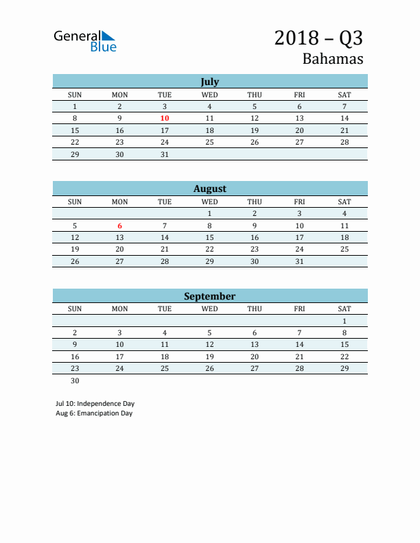 Three-Month Planner for Q3 2018 with Holidays - Bahamas
