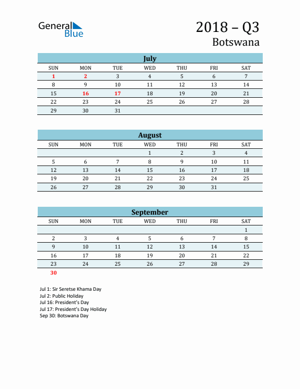 Three-Month Planner for Q3 2018 with Holidays - Botswana