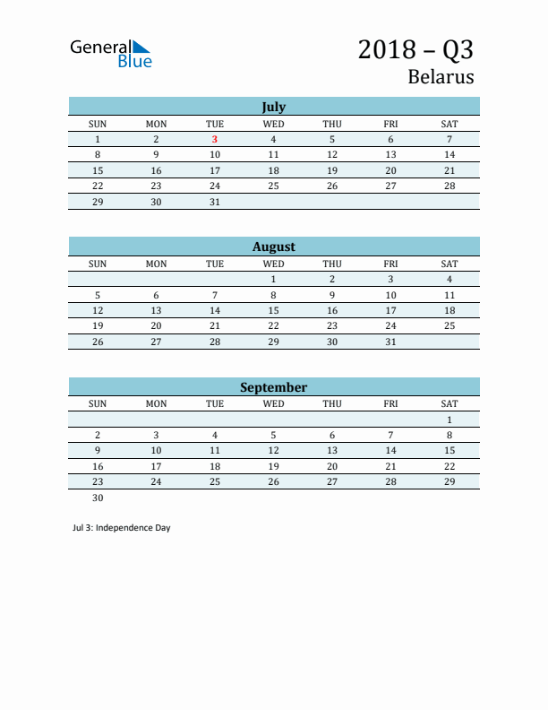 Three-Month Planner for Q3 2018 with Holidays - Belarus