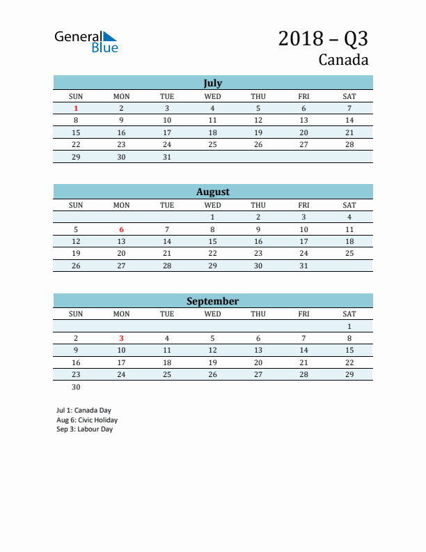 Three-Month Planner for Q3 2018 with Holidays - Canada
