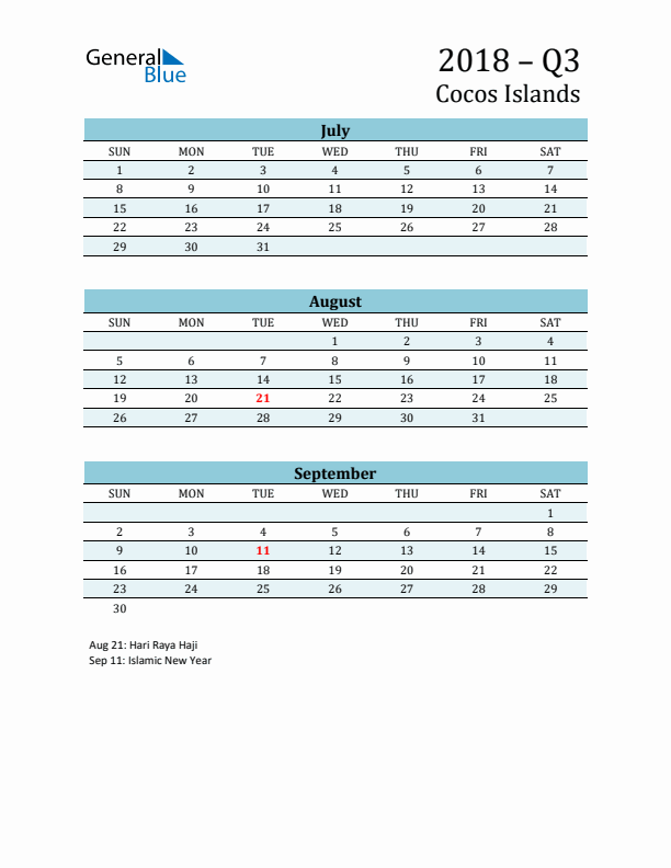 Three-Month Planner for Q3 2018 with Holidays - Cocos Islands
