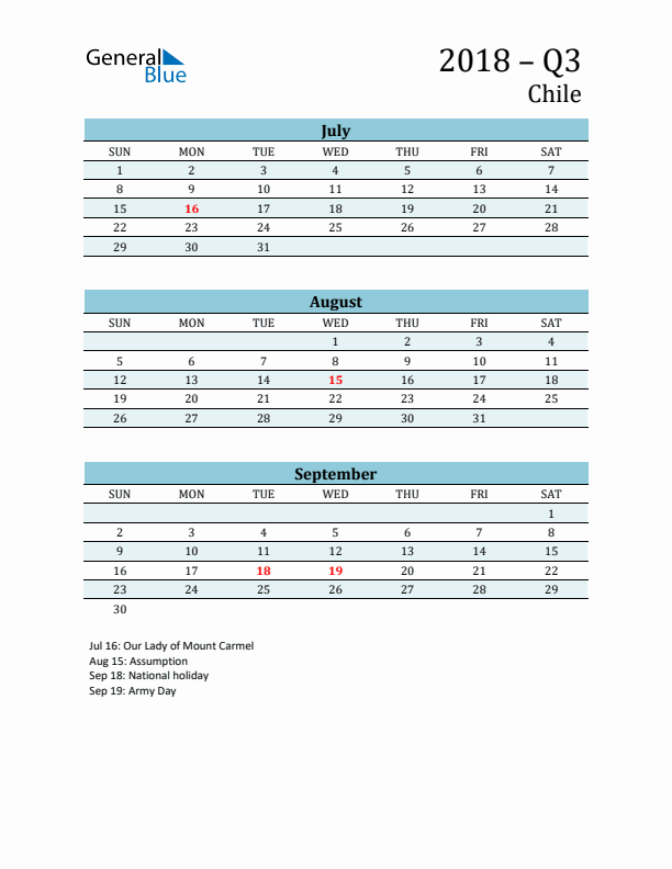Three-Month Planner for Q3 2018 with Holidays - Chile