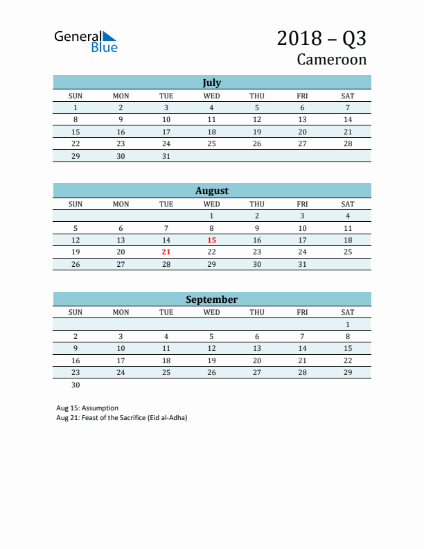 Three-Month Planner for Q3 2018 with Holidays - Cameroon