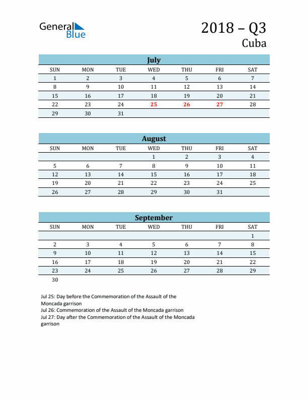 Three-Month Planner for Q3 2018 with Holidays - Cuba