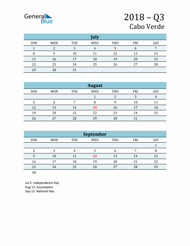 Three-Month Planner for Q3 2018 with Holidays - Cabo Verde