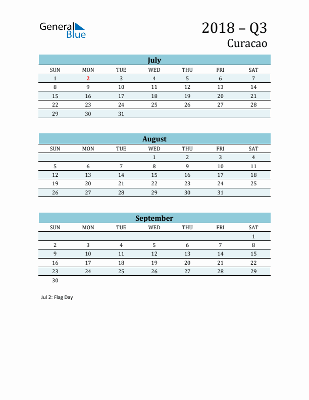Three-Month Planner for Q3 2018 with Holidays - Curacao