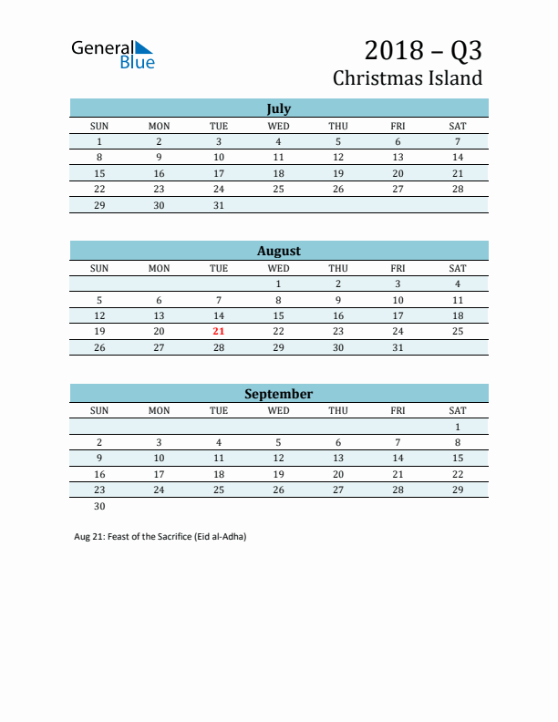 Three-Month Planner for Q3 2018 with Holidays - Christmas Island