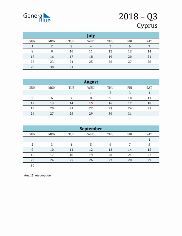 Three-Month Planner for Q3 2018 with Holidays - Cyprus