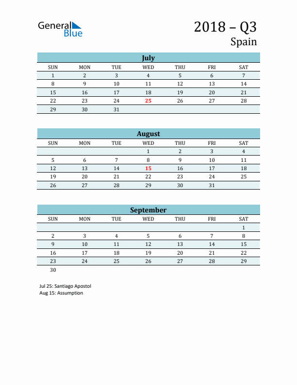 Three-Month Planner for Q3 2018 with Holidays - Spain