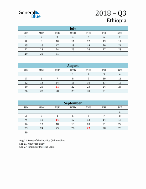 Three-Month Planner for Q3 2018 with Holidays - Ethiopia