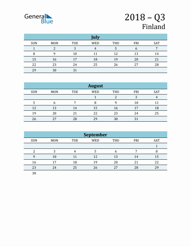Three-Month Planner for Q3 2018 with Holidays - Finland