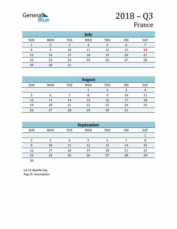 Three-Month Planner for Q3 2018 with Holidays - France