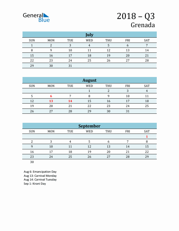 Three-Month Planner for Q3 2018 with Holidays - Grenada