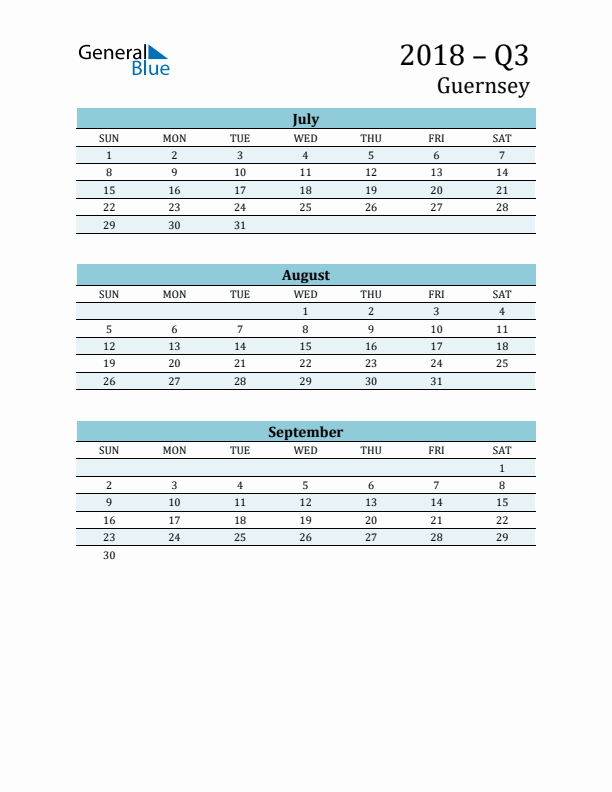 Three-Month Planner for Q3 2018 with Holidays - Guernsey