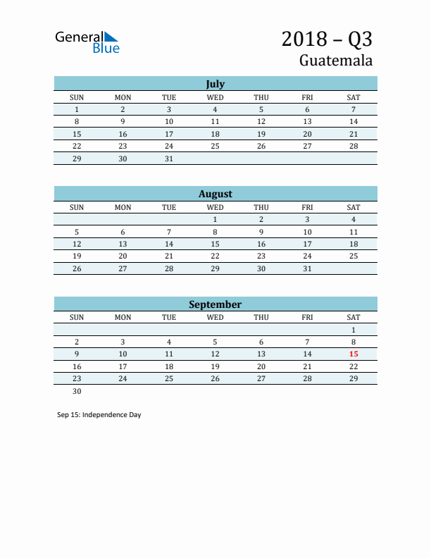Three-Month Planner for Q3 2018 with Holidays - Guatemala