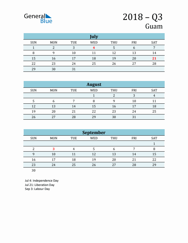 Three-Month Planner for Q3 2018 with Holidays - Guam