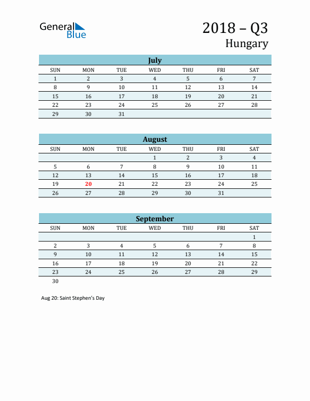 Three-Month Planner for Q3 2018 with Holidays - Hungary
