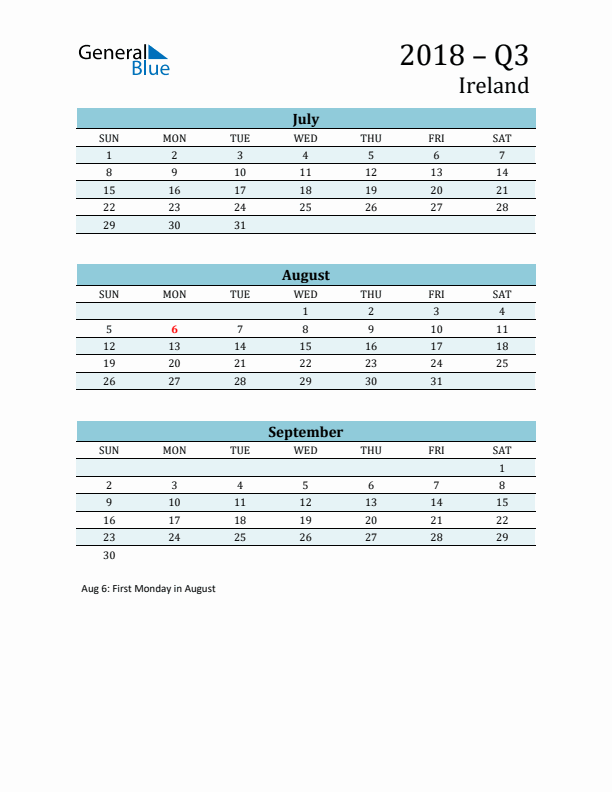 Three-Month Planner for Q3 2018 with Holidays - Ireland