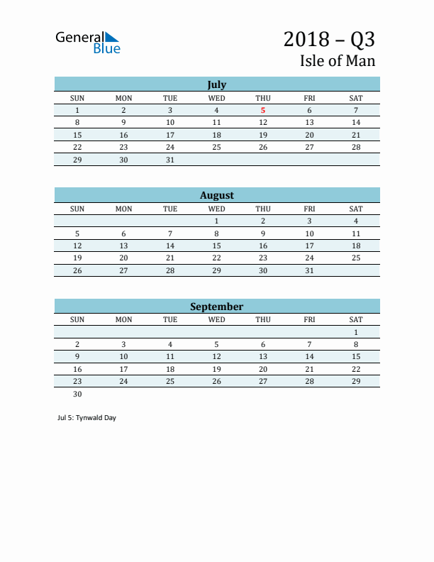 Three-Month Planner for Q3 2018 with Holidays - Isle of Man