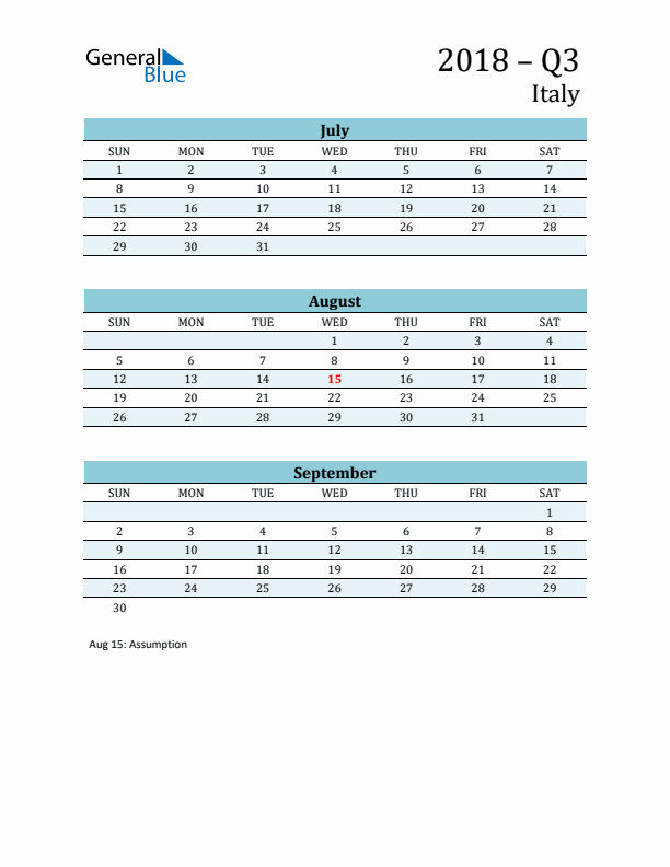 Three-Month Planner for Q3 2018 with Holidays - Italy