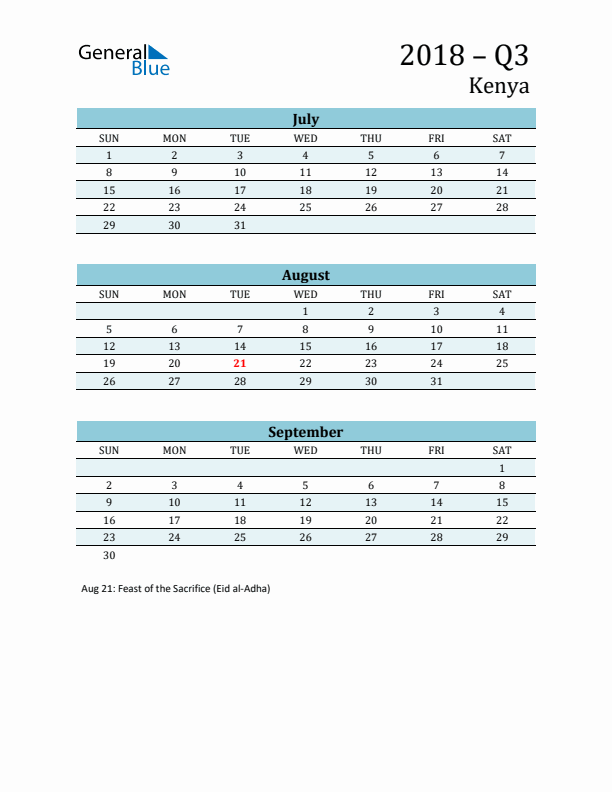 Three-Month Planner for Q3 2018 with Holidays - Kenya