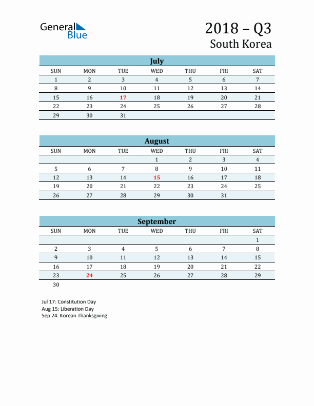 Three-Month Planner for Q3 2018 with Holidays - South Korea