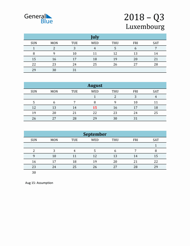 Three-Month Planner for Q3 2018 with Holidays - Luxembourg