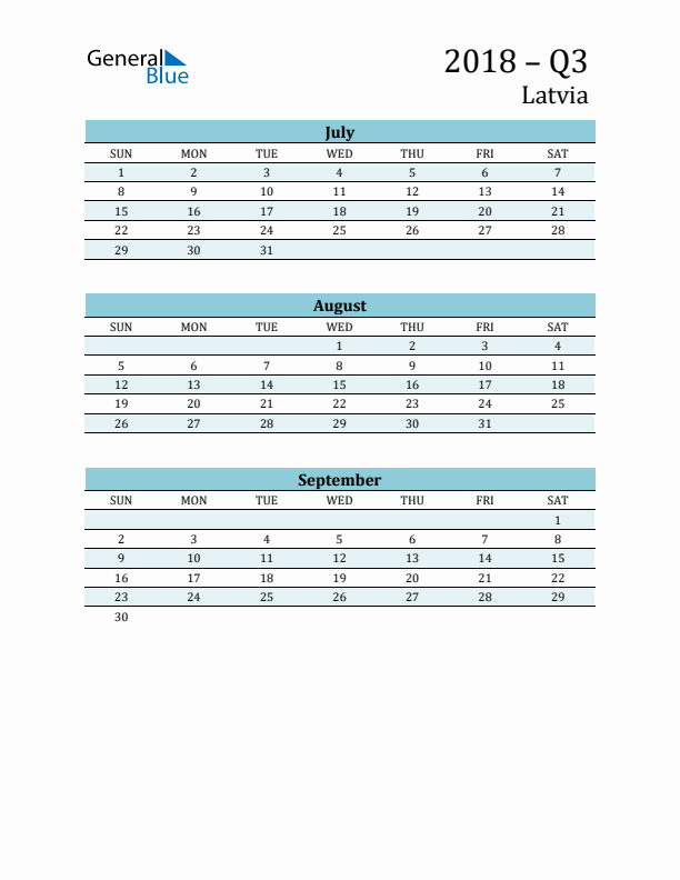 Three-Month Planner for Q3 2018 with Holidays - Latvia