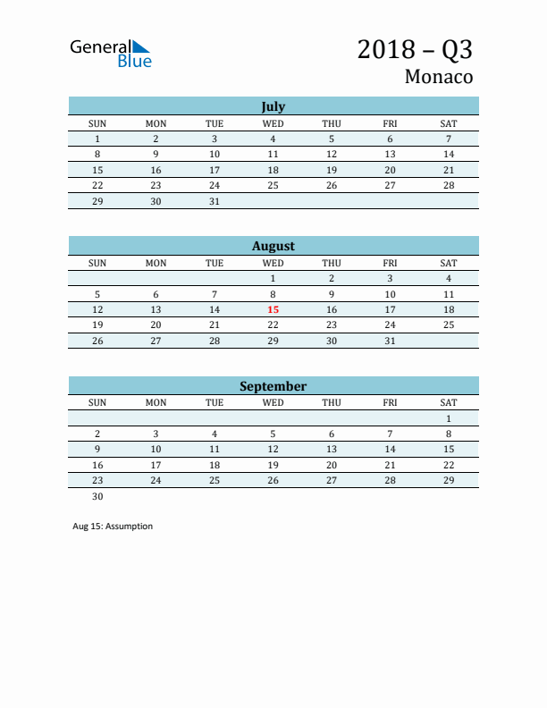 Three-Month Planner for Q3 2018 with Holidays - Monaco