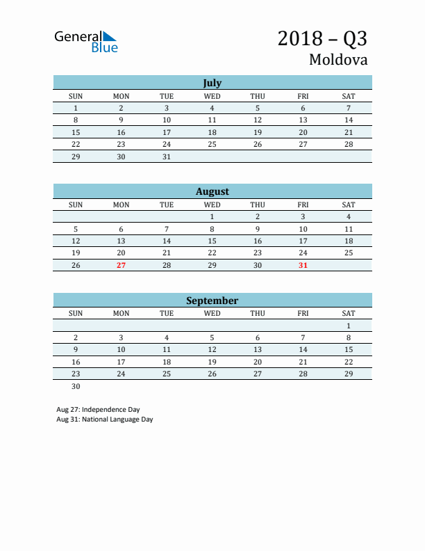 Three-Month Planner for Q3 2018 with Holidays - Moldova