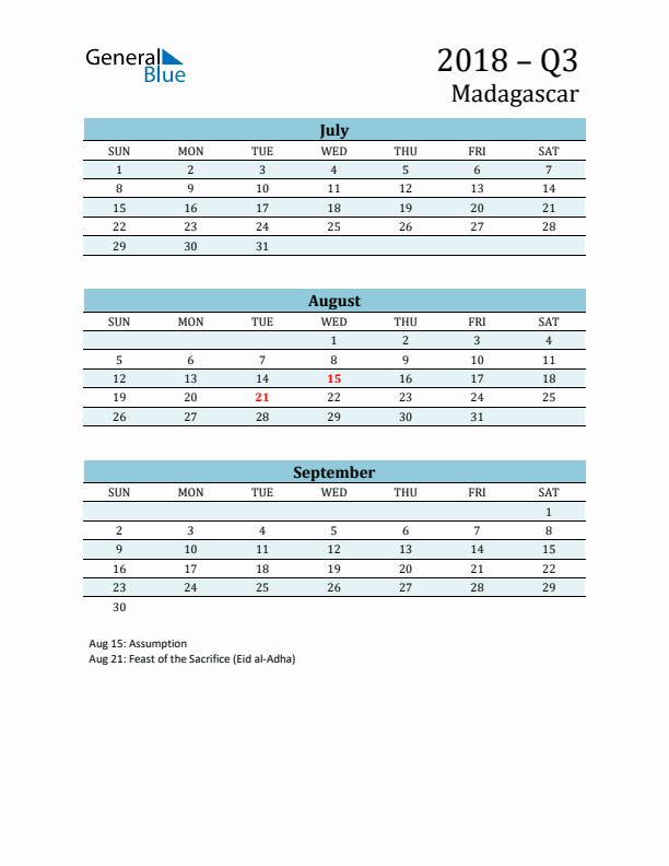Three-Month Planner for Q3 2018 with Holidays - Madagascar
