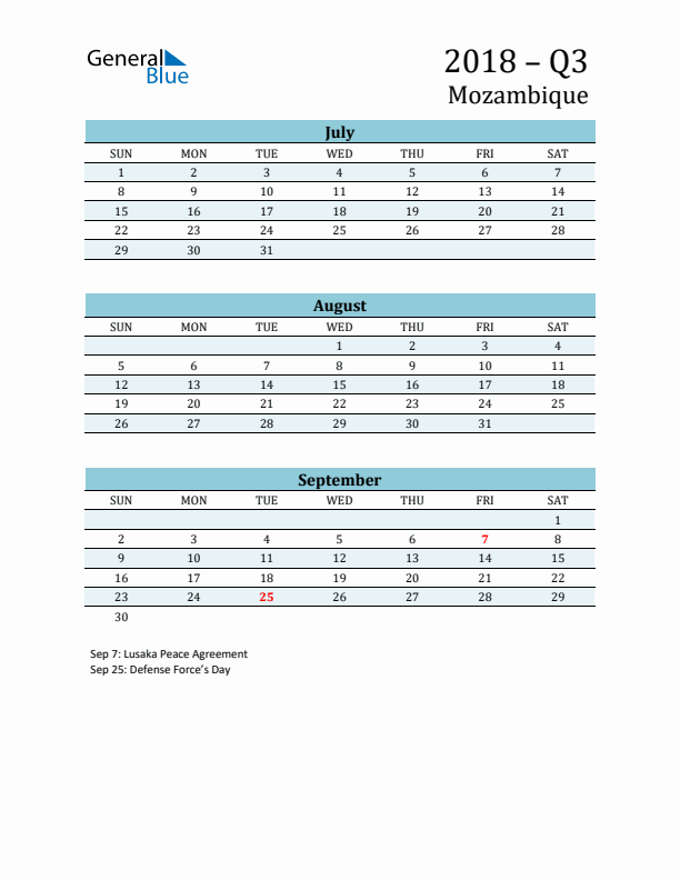 Three-Month Planner for Q3 2018 with Holidays - Mozambique