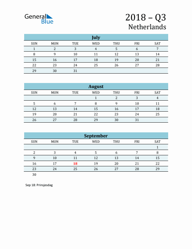 Three-Month Planner for Q3 2018 with Holidays - The Netherlands