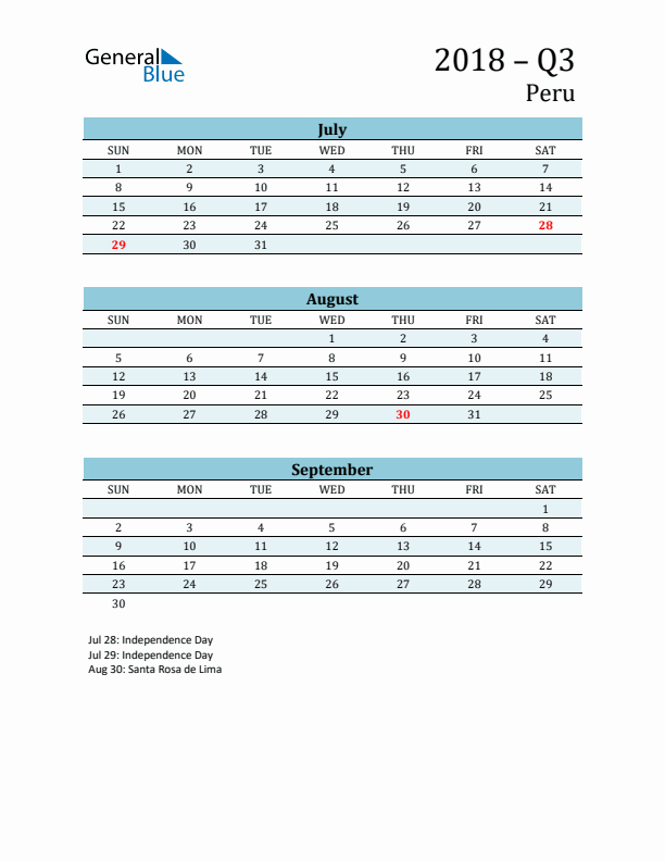 Three-Month Planner for Q3 2018 with Holidays - Peru