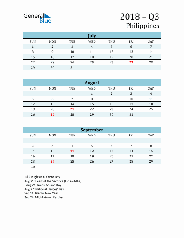 Three-Month Planner for Q3 2018 with Holidays - Philippines