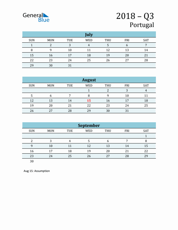 Three-Month Planner for Q3 2018 with Holidays - Portugal